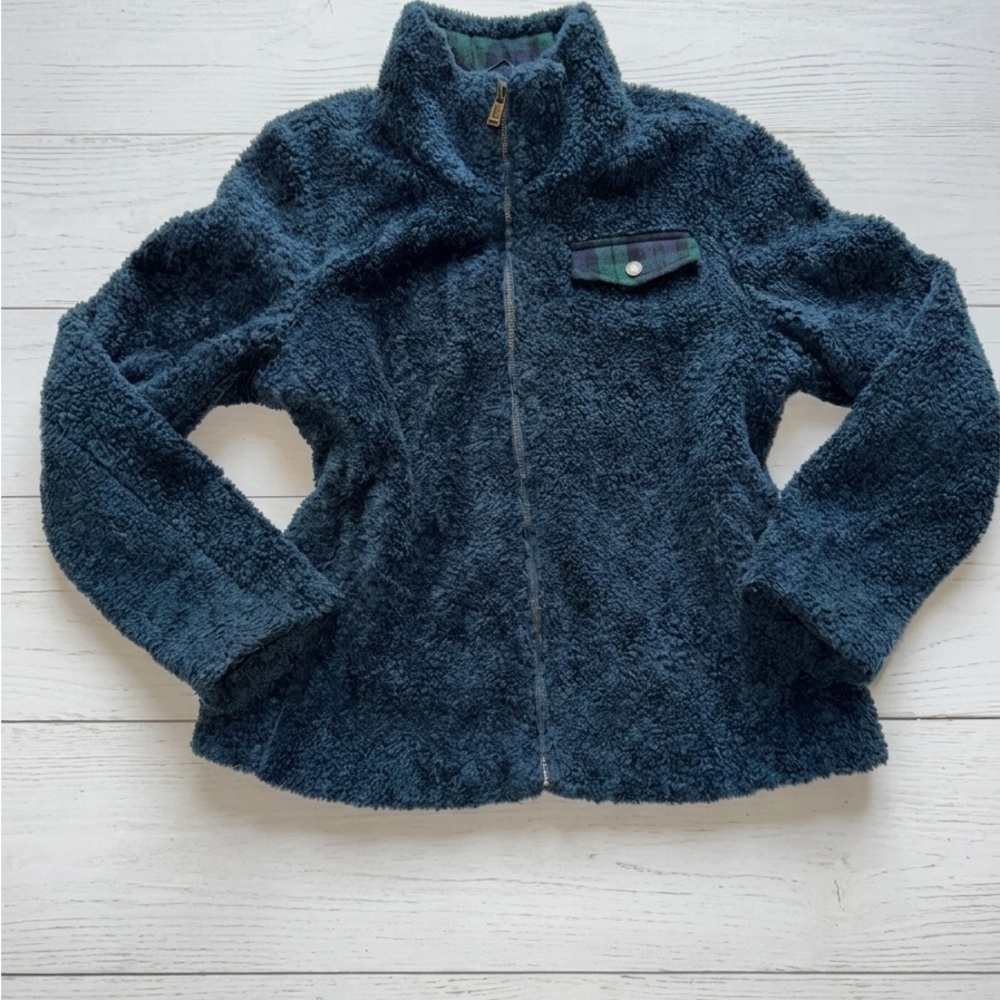 Pendleton Blue Sherpa Fleece Full Zip Jacket M Black Watch Plaid Pocket Coat M